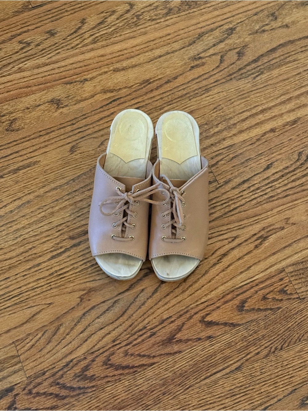 No. 6 Tan Lace-Up Open-Toe Slide Mules
